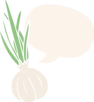 cartoon garlic bulb with speech bubble in retro style png