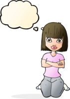 dessin animé femme agenouillée avec bulle de pensée png