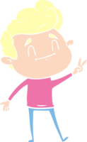 happy flat color style cartoon man giving a peace sign png