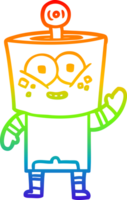 rainbow gradient line drawing of a happy cartoon robot waving hello png