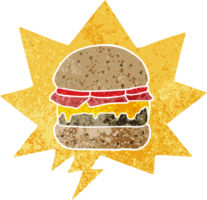 cartoon burger with speech bubble in grunge distressed retro textured style png