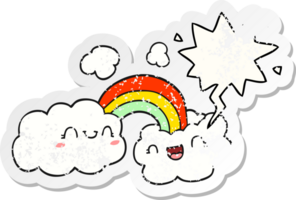 gelukkig tekenfilm wolken en regenboog met toespraak bubbel verontrust verontrust oud sticker png