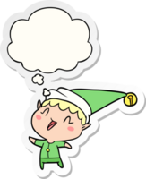 cartoon happy christmas elf with thought bubble as a printed sticker png