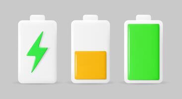 Battery charge indicators in 3D style. Glossy battery icons with charge levels. illustration vector