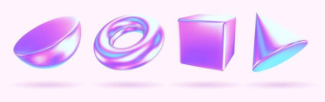 Set of realistic holographic geometric 3d shapes with chrome and gradient effect. Cube, ring, hemisphere, cone. illustration vector