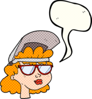 hand drawn comic book speech bubble cartoon woman with welding mask and glasses png