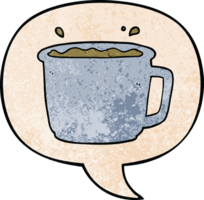 cartoon coffee cup with speech bubble in retro texture style png