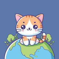 cute cat animal in the earth planet character illustration desing vector