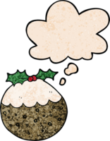 cartoon christmas pudding with thought bubble in grunge texture style png
