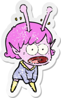 distressed sticker of a cartoon shocked alien girl png