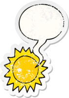 dessin animé Soleil avec discours bulle affligé affligé vieux autocollant png