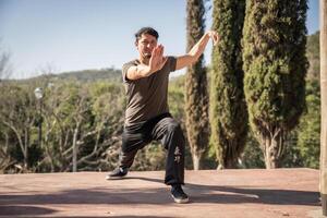 Male Kung Fu Practitioner Training Outdoors. photo