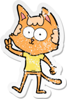 distressed sticker of a happy cartoon cat giving peace sign png