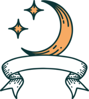 tatuaje tradicional con pancarta de luna y estrellas png