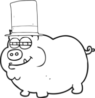 hand drawn black and white cartoon rich pig png