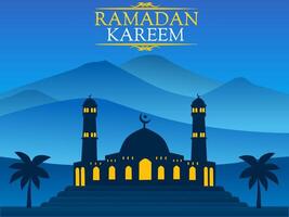 celebracion de el religioso tradicion de Ramadán Kareem, diseño de islámico saludos con el concepto de un mezquita silueta y un antecedentes de montaña oscuridad en un oscuro noche vector