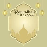 Ramadhan Kareem greeting card design with Islamic frame decoration, lanterns and mosque silhouette in the middle vector