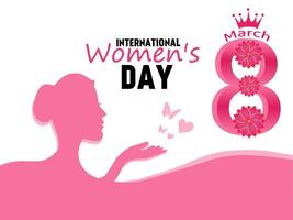 Celebration of International Women's Day on March 8, pink silhouette design of woman's face from side and floral decoration on figure eight isolated on white background vector