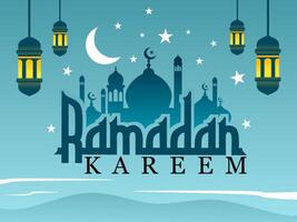 Ramadan kareem greeting, islamic decoration template with mosque silhouette and lantern ornament isolated on light blue background vector