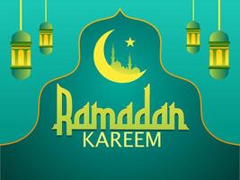 Ramadán kareem saludo tarjeta, islámico decoración con verde linternas y creciente Luna vector