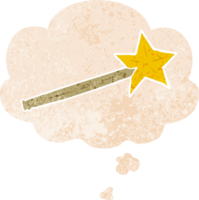 dessin animé la magie baguette magique avec pensée bulle dans grunge affligé rétro texturé style png