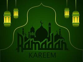 Ramadan kareem greeting, islamic decoration template on dark green background with mosque silhouette and green lantern ornament vector