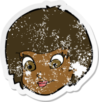 retro distressed sticker of a cartoon female face png