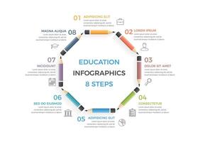 educación infografia con ocho lapices arreglado en un circulo con texto y íconos vector