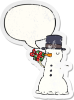 tekenfilm sneeuwman met toespraak bubbel verontrust verontrust oud sticker png