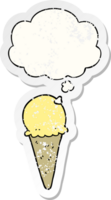 dessin animé la glace crème avec pensée bulle comme une affligé usé autocollant png