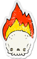 distressed sticker of a spooky cartoon flaming skull png