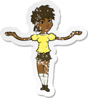 retro distressed sticker of a cartoon woman shrugging shoulders png