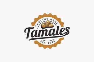 tamales logo con un combinación de dos tamales y hermosa letras en el formar de un emblema. esta logo es adecuado para restaurantes, comida camiones, cafés, etc. vector