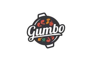 Gumbo logo with a combination of gumbo dishes featuring shrimp, peppers, onions, celery, clams with beautiful lettering. This logo is suitable for restaurants, food trucks, cafes, etc. vector