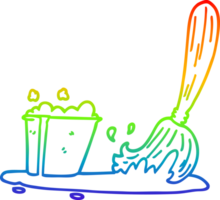 rainbow gradient line drawing of a cartoon bucket and mop png