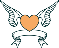 traditional tattoo with banner of a heart with wings png