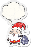 cartoon santa claus with sack with thought bubble as a distressed worn sticker png