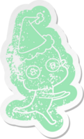 quirky cartoon distressed sticker of a weird bald spaceman running wearing santa hat png