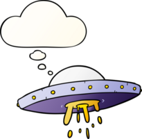 cartoon flying UFO with thought bubble in smooth gradient style png