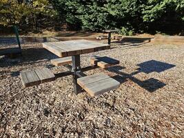 A very beautiful wooden bench installed in a community park in Kirkland Washington photo