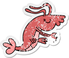 distressed sticker of a quirky hand drawn cartoon happy shrimp png