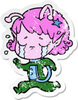 distressed sticker of a cartoon crying alien girl png