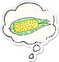 cartoon corn with thought bubble as a distressed worn sticker png