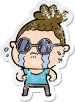 distressed sticker of a cartoon crying woman wearing sunglasses png