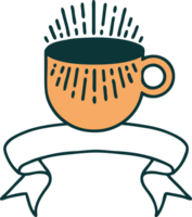 traditional tattoo with banner of cup of coffee png