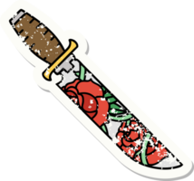 distressed sticker tattoo in traditional style of a dagger and flowers png