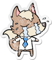 distressed sticker of a cartoon crying wolf wearing work clothes png