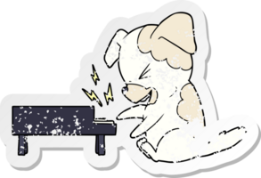 distressed sticker of a cartoon dog rocking out on piano png