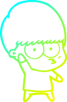 cold gradient line drawing of a nervous cartoon boy waving png