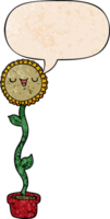 cartoon sunflower with speech bubble in retro texture style png